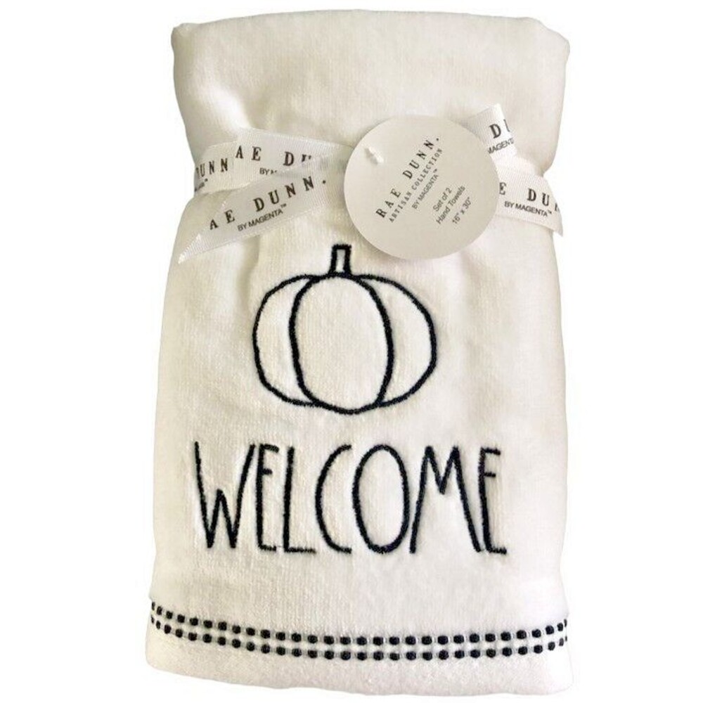 Rae Dunn Thanksgiving Hand Towels Set of 2 Pumpkin Welcome Embroidered Fall